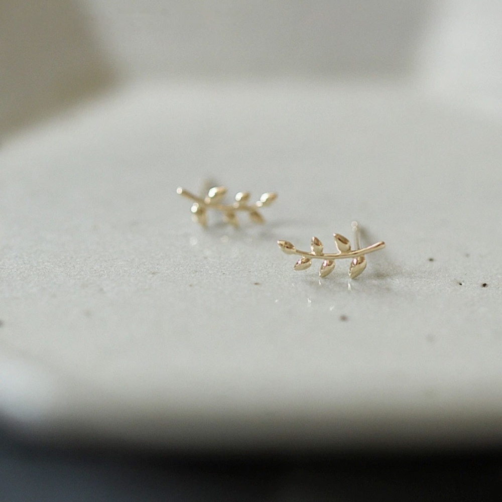 Sterling Silver Olive Branch with Leaves Gold Stud Earrings